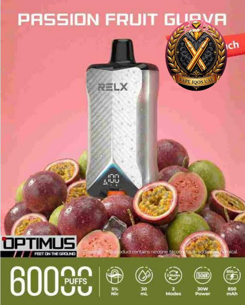 Relx-Optimus-60000-Puffs-Passion-fruit-Guava RELX Optimus Passion Fruit Guava combines tangy passion fruit with sweet guava for 6000 smooth puffs. Tropical taste, USB-C fast charging, ready to use.